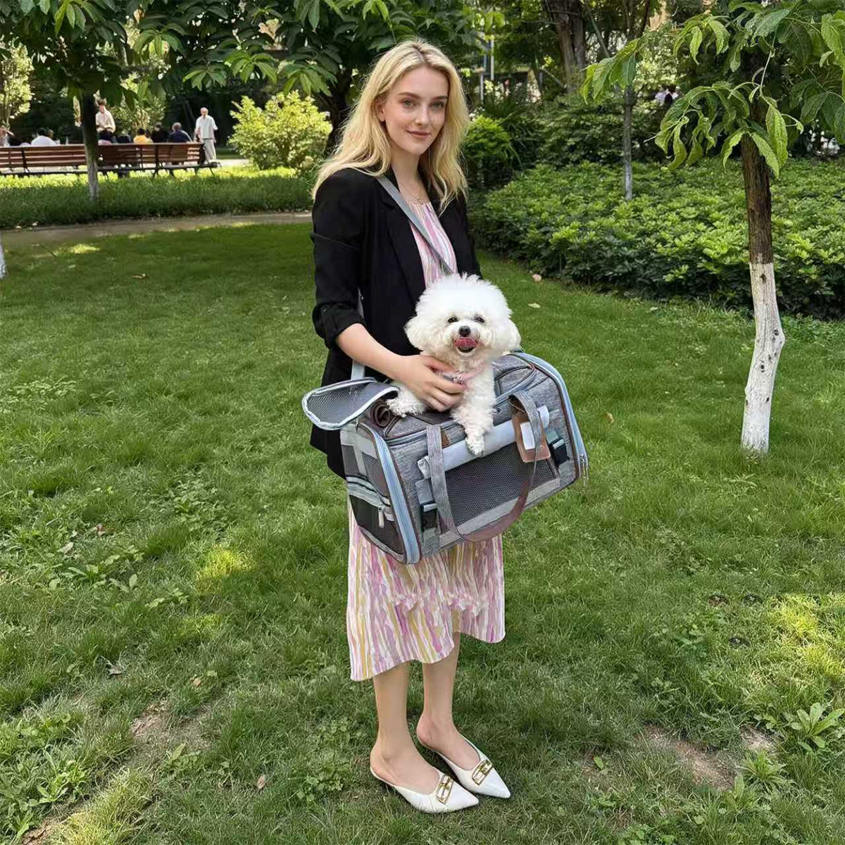 Woman in a park holding a small white dog inside a gray Gold Series Mini carrier