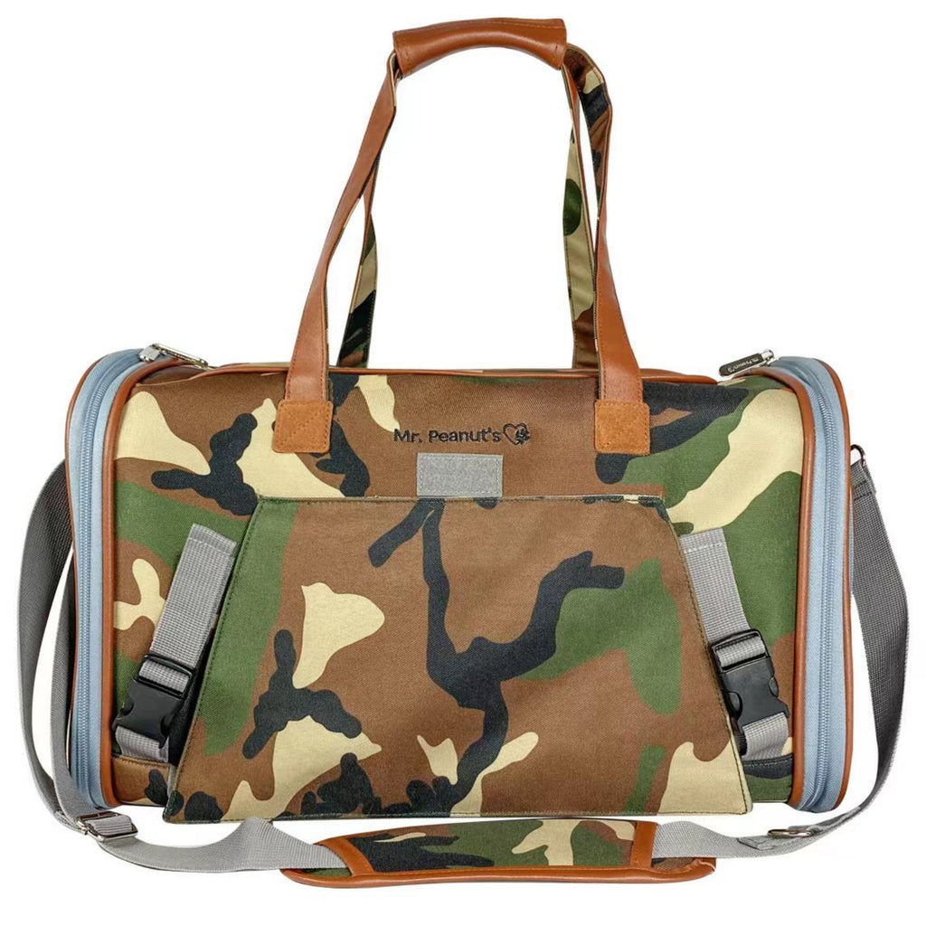 Back of the Camo Gold Series carrier with the luggage sleeve, side buckles and shoulder strap
