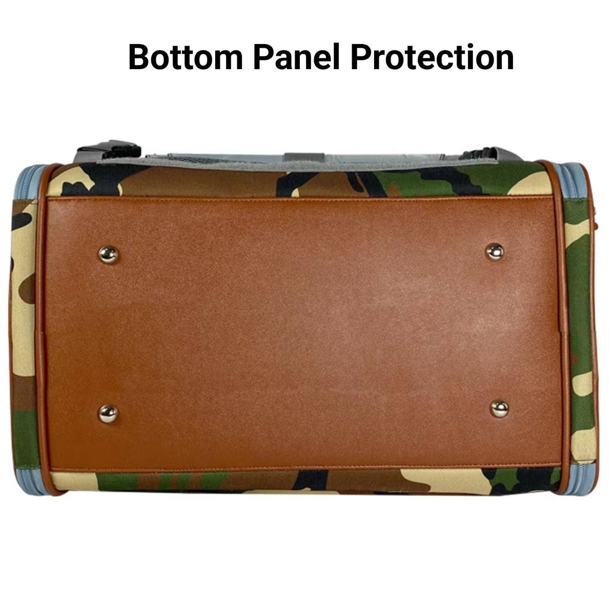 Brown faux-leather base of the Camo Gold Series carrier with four metal feet