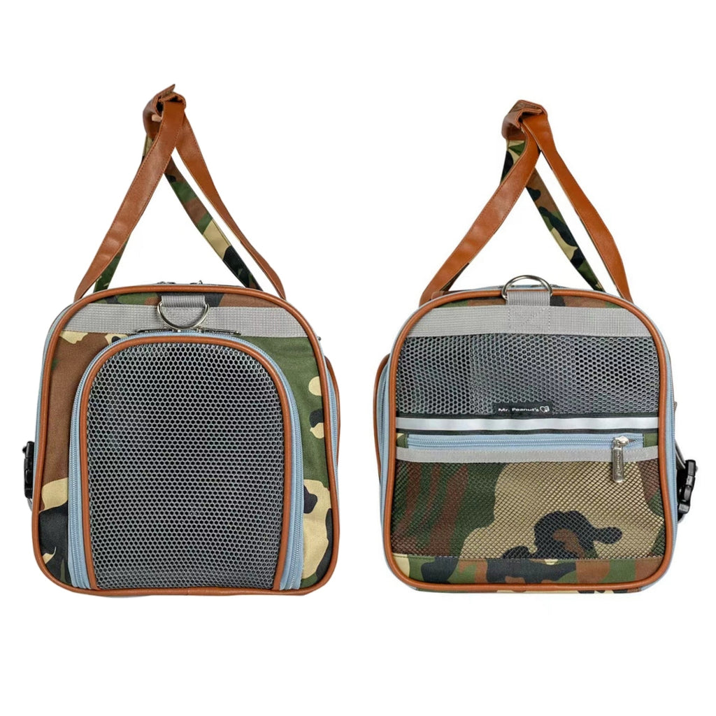 Both ends of the Camo Gold Series carrier: a large mesh window on one, a mesh panel and zip pocket on the other