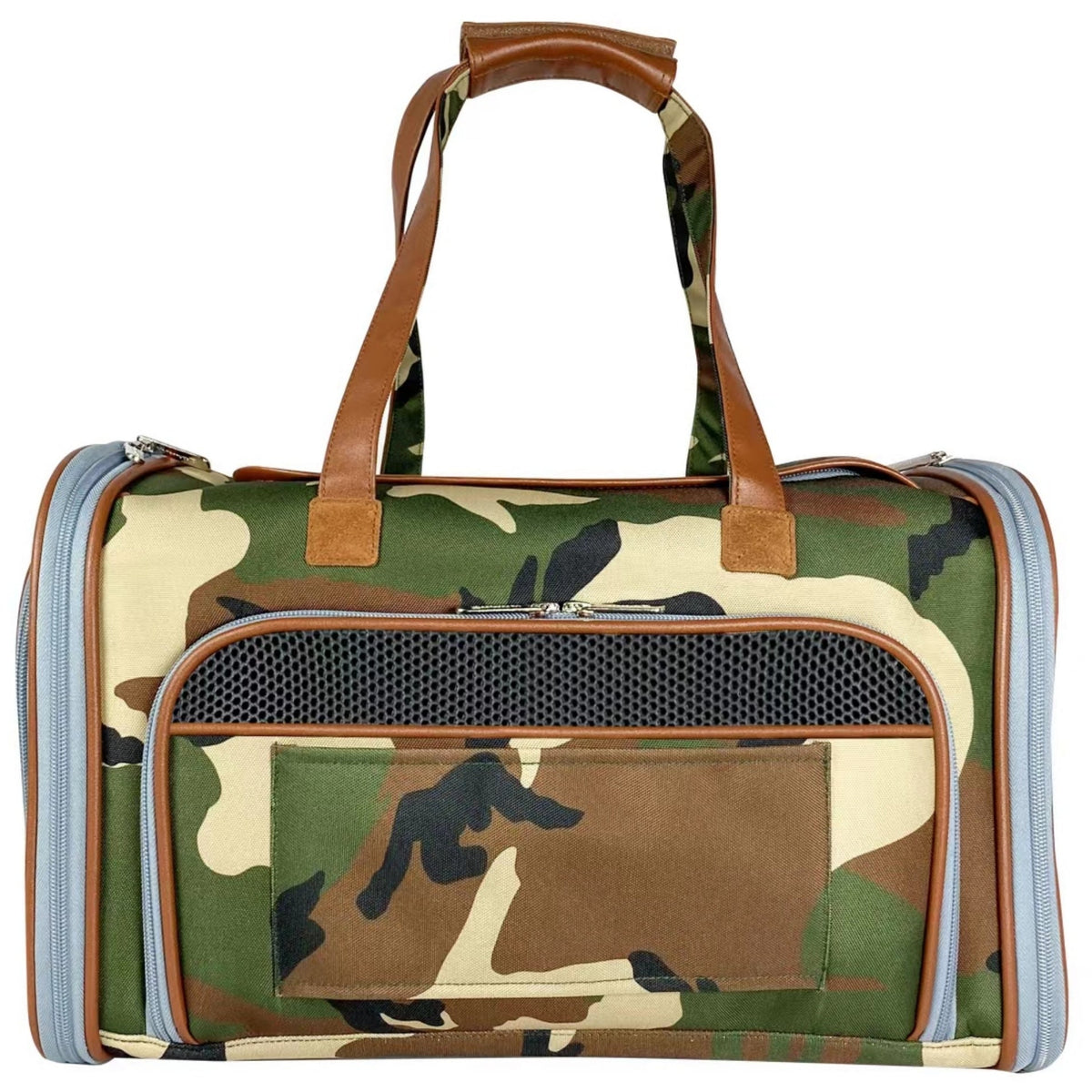 Front of the Camo Gold Series carrier with a mesh window above the zip pocket and brown handles