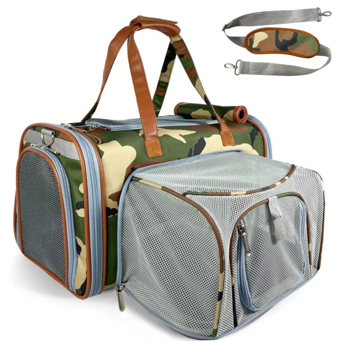 Mr. Peanut's Gold Series carrier in Camo print with the mesh side panel expanded and the shoulder strap beside it