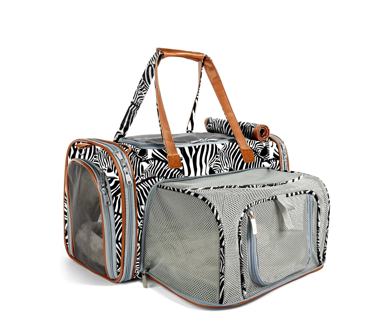 Gold Series carrier in black-and-white Zzzebra print with the mesh side panel expanded