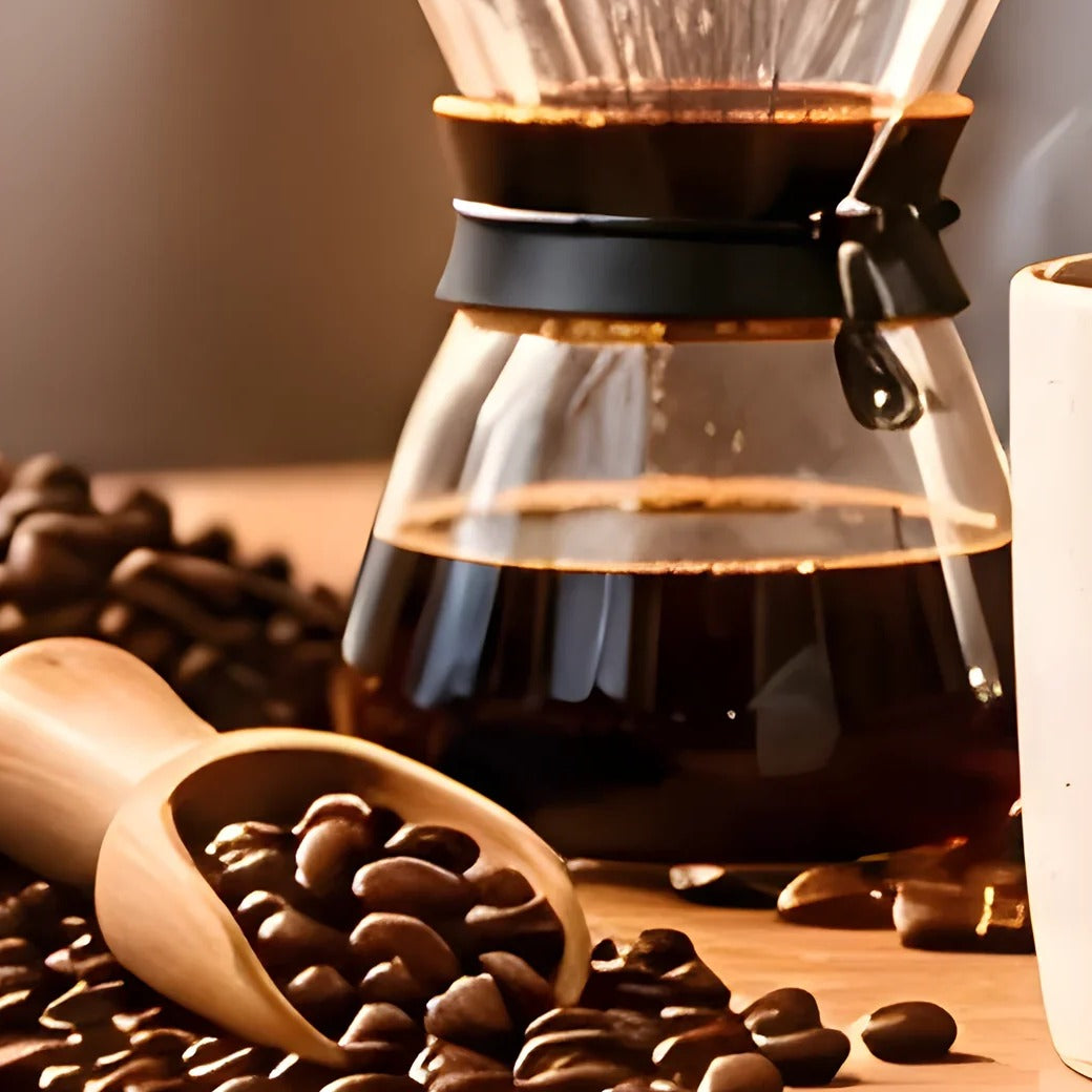 Pour-over coffee carafe with a wooden scoop of coffee beans