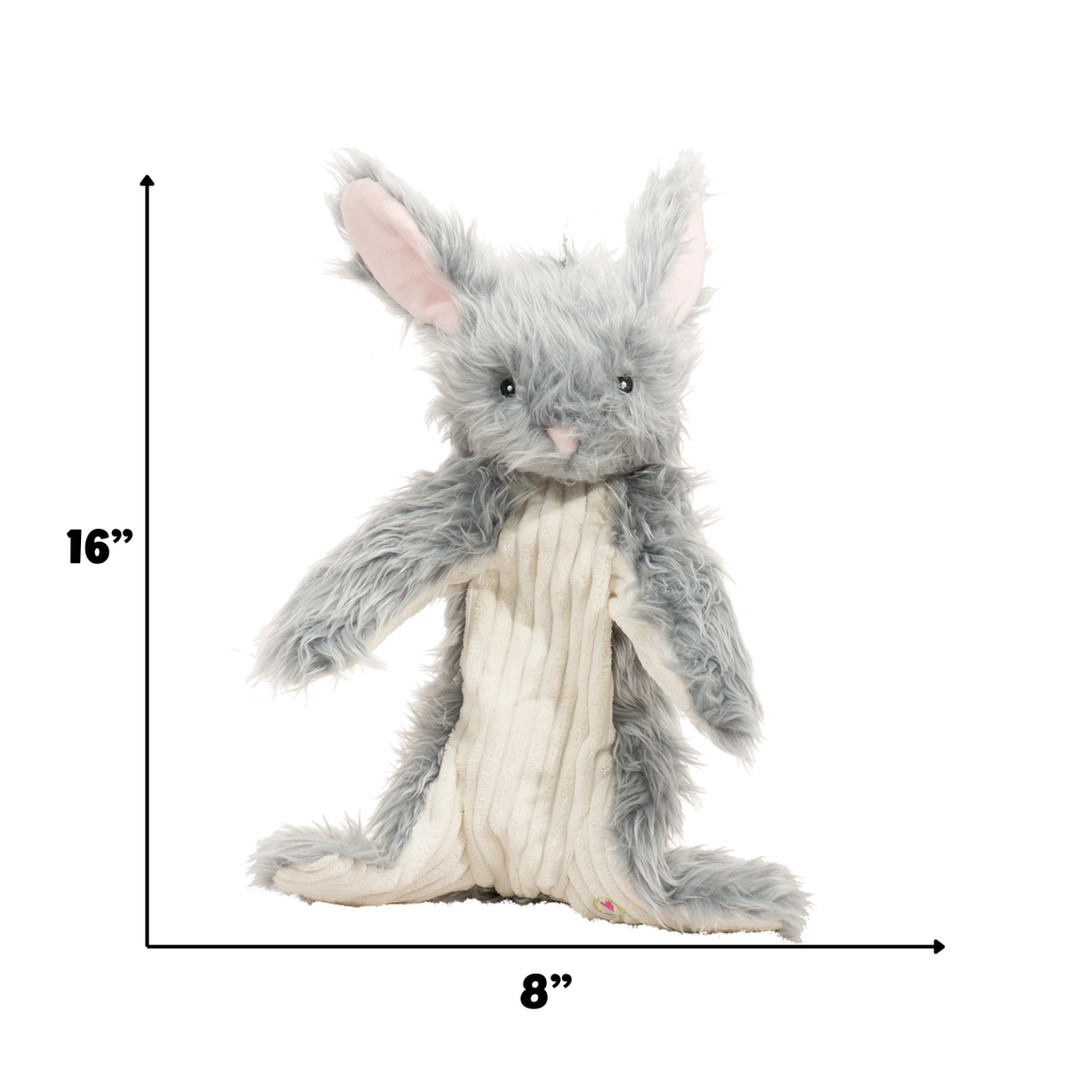 Bunny plush dog toy with measurement lines, about 16 by 8 inches