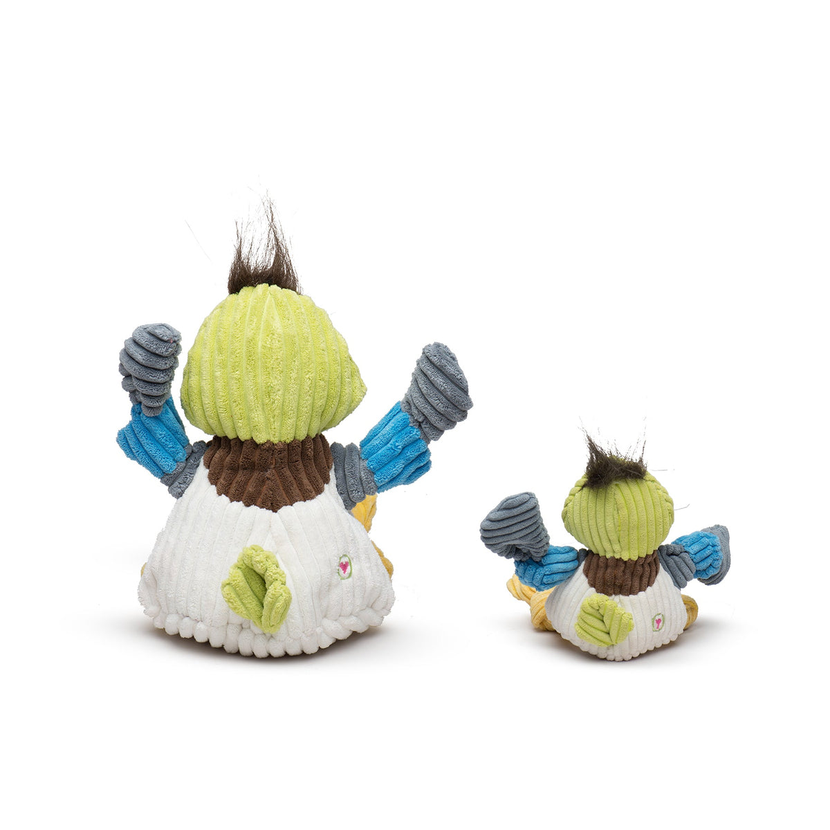 Back view of the large and small duck Knotties with a green corduroy tail on the white body