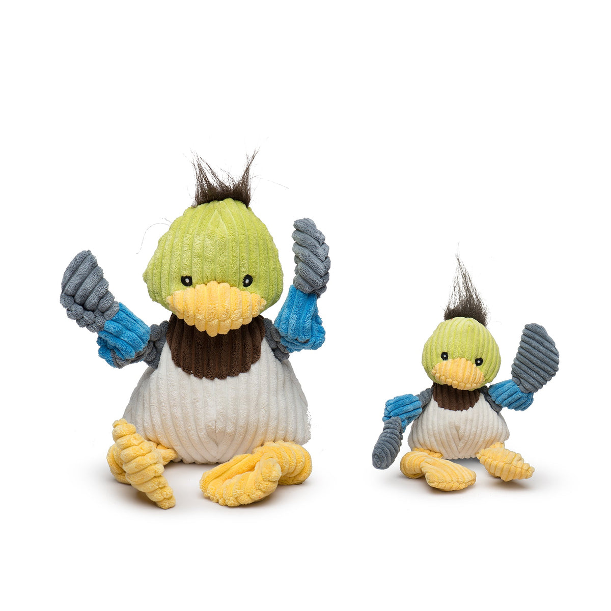 Dilly Duck Knottie plush dog toys in large and small, with green heads, yellow beaks and blue and gray wings