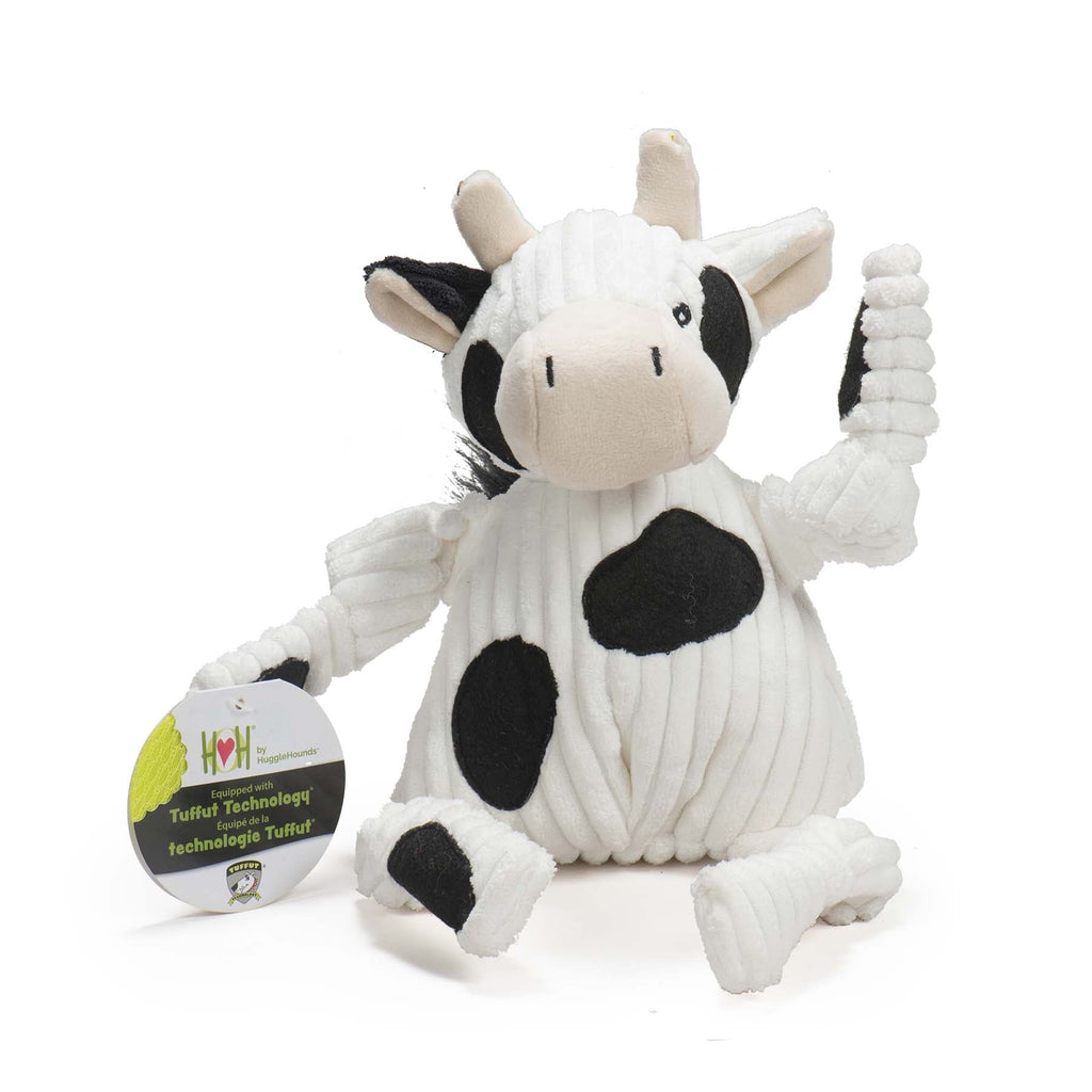 Dottie Cow Knottie plush dog toy in white corduroy with black spots, cream muzzle and knotted arms and legs