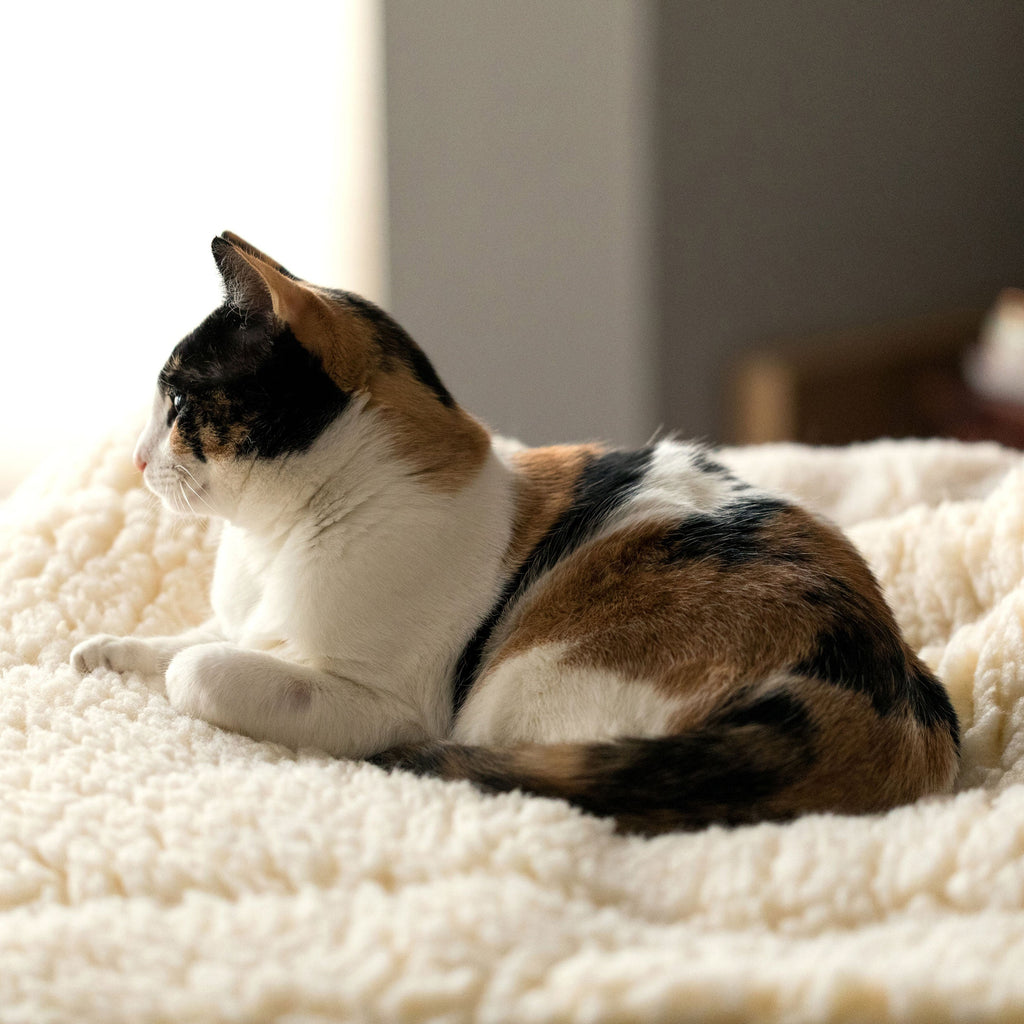 Calico cat lying on a cream fleece mat