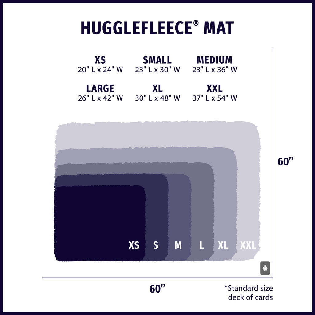 Size chart for the fleece mat from XS to XXL