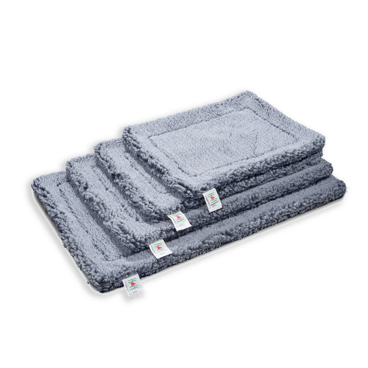 Stack of gray fleece pet mats in several sizes