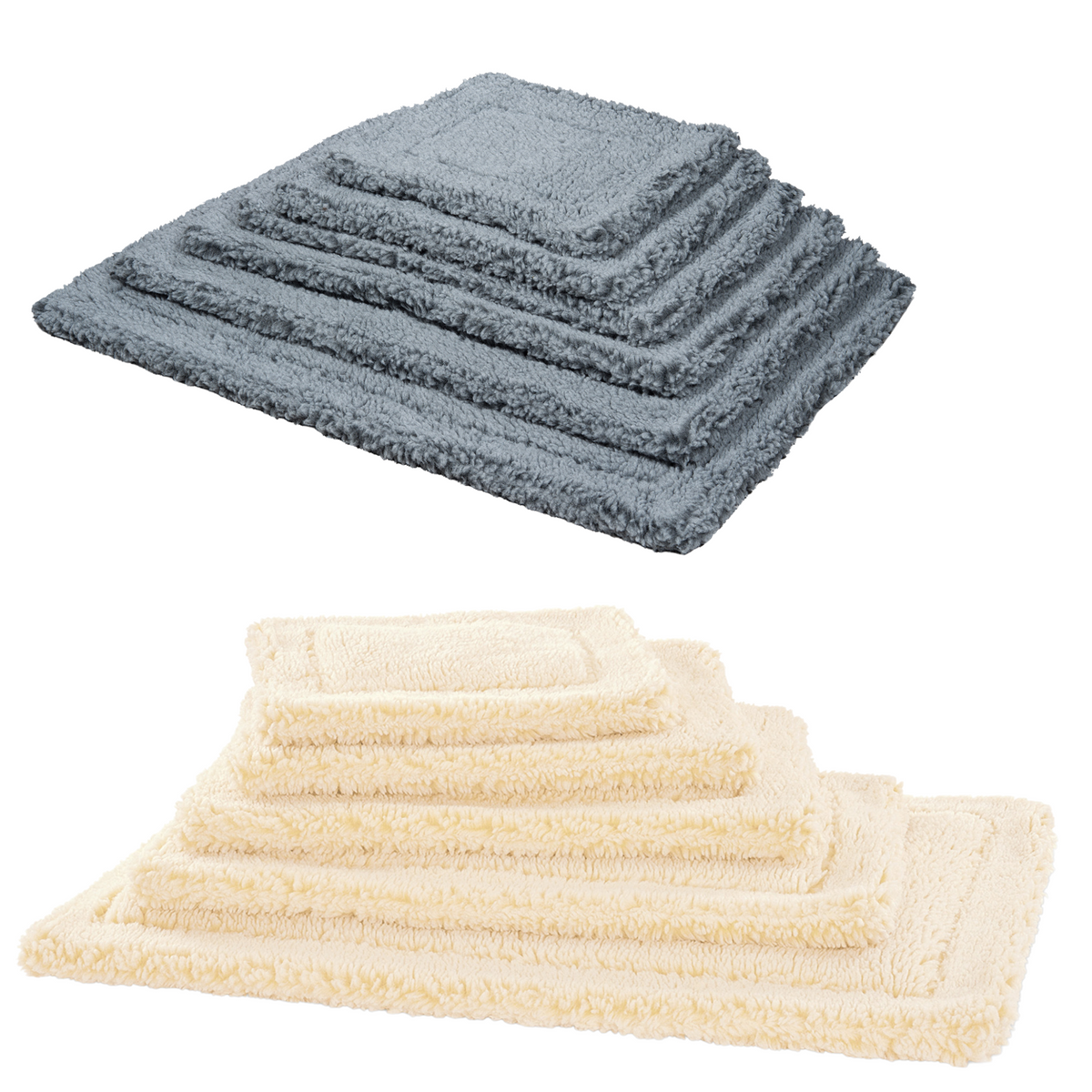 Stacks of fleece pet mats in gray and cream, several sizes