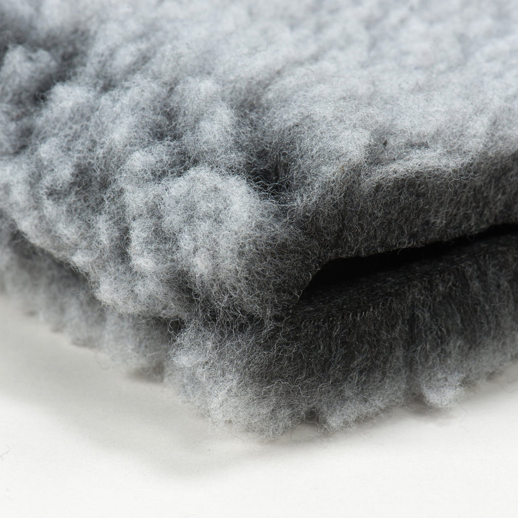 Close-up of the thick gray fleece texture