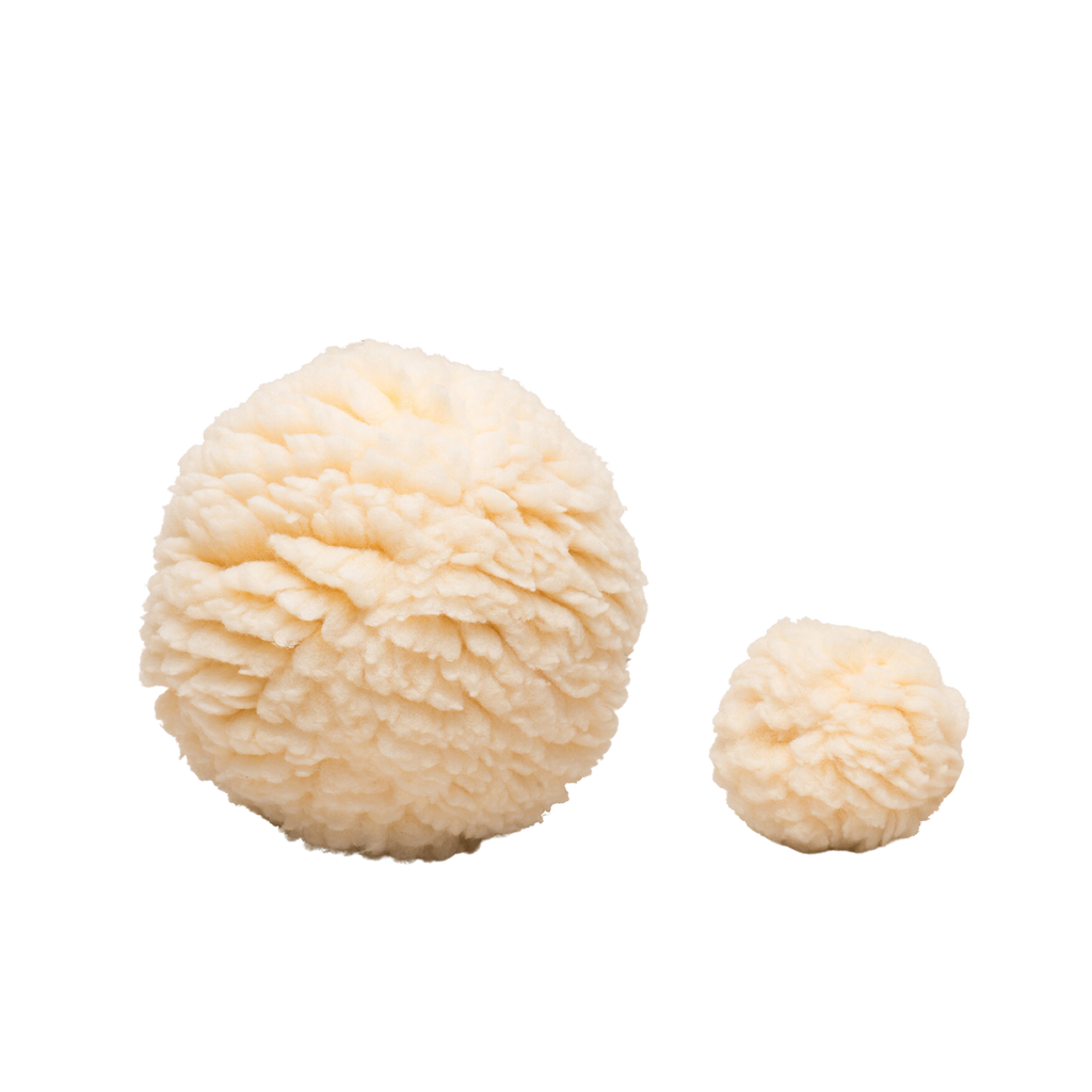 Cream fleece plush ball dog toys in two sizes