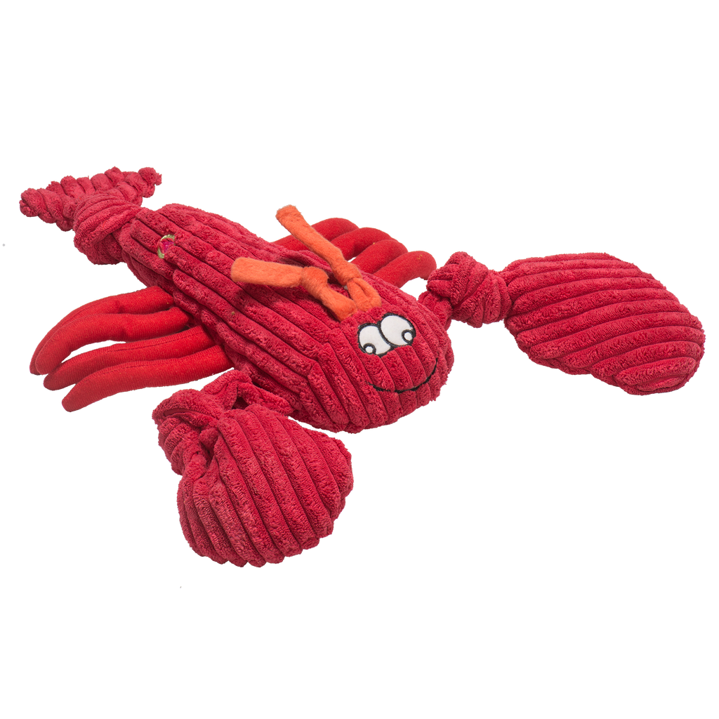 Red corduroy lobster plush dog toy with big claws and cartoon eyes