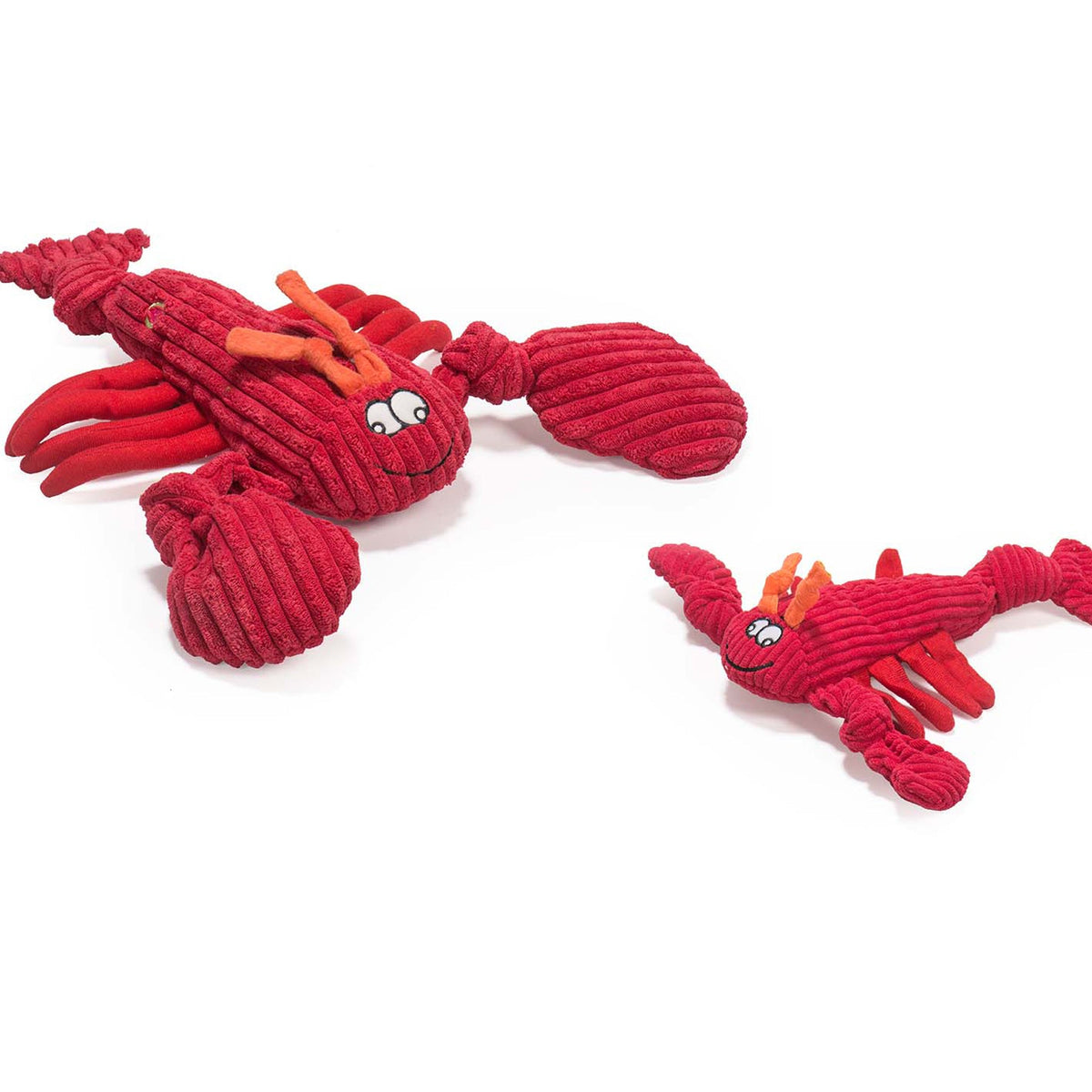 Red corduroy lobster plush dog toy with orange antennae, shown in two sizes
