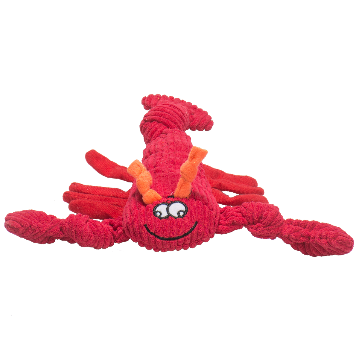 Red lobster plush dog toy seen from the front with orange antennae
