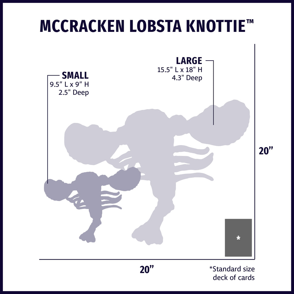 Size chart for the lobster toy in Small and Large next to a deck of cards