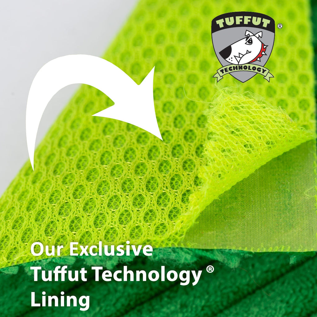 Green mesh inner lining peeled back under the toy's plush outer fabric