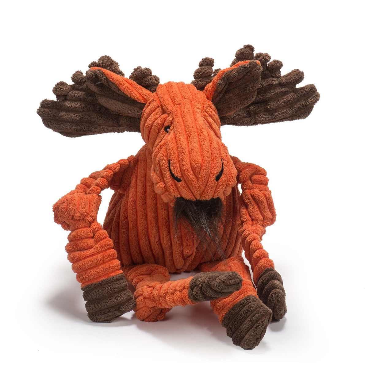 Orange corduroy moose plush dog toy with brown antlers and knotted legs