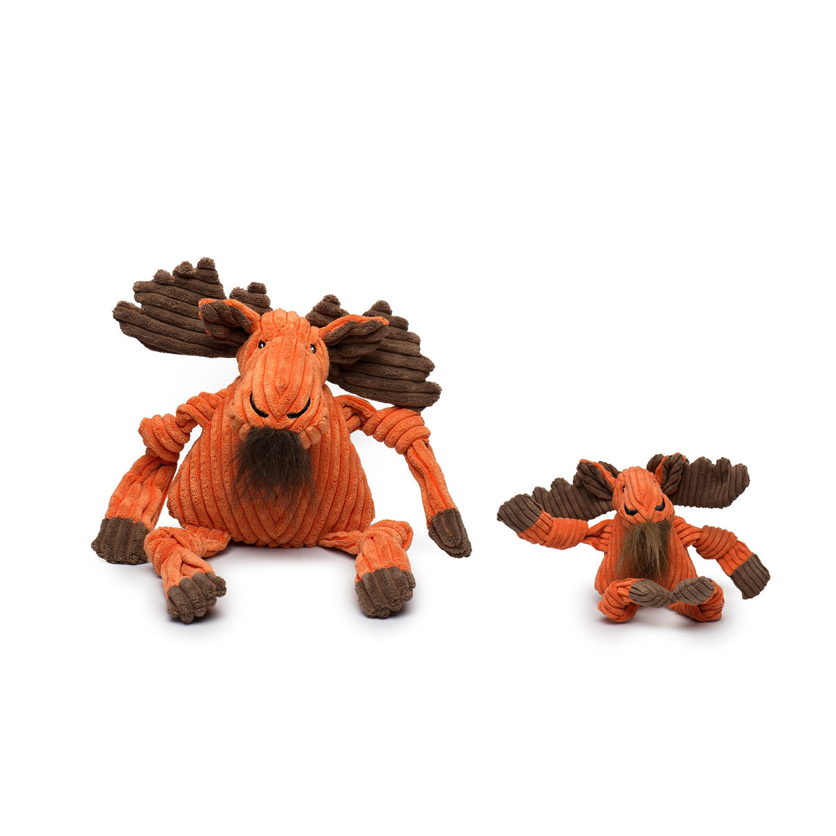 Orange corduroy moose plush dog toy with brown antlers, shown in two sizes