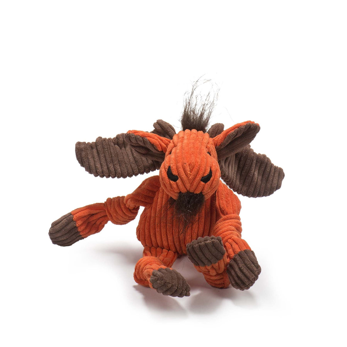 Small orange moose plush dog toy seen from the front
