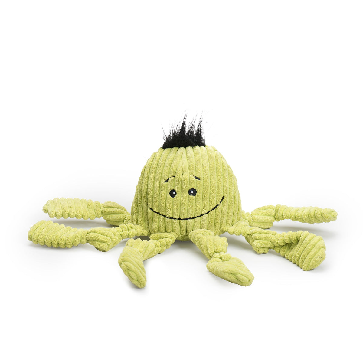 Octavie Octopus Knottie plush dog toy in lime-green corduroy with a black hair tuft and eight knotted arms