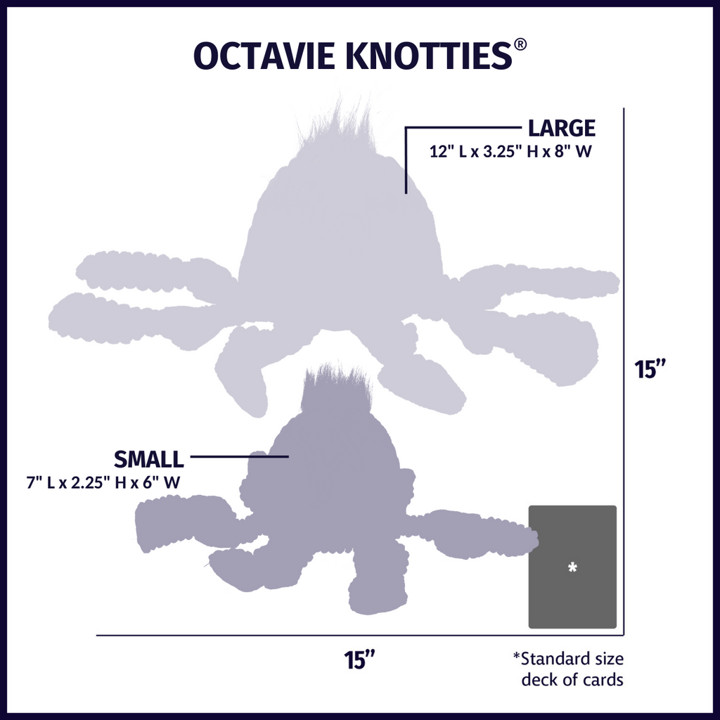 Octavie Knotties size chart: Large about 12 in long and 8 in wide, Small about 7 in long and 6 in wide