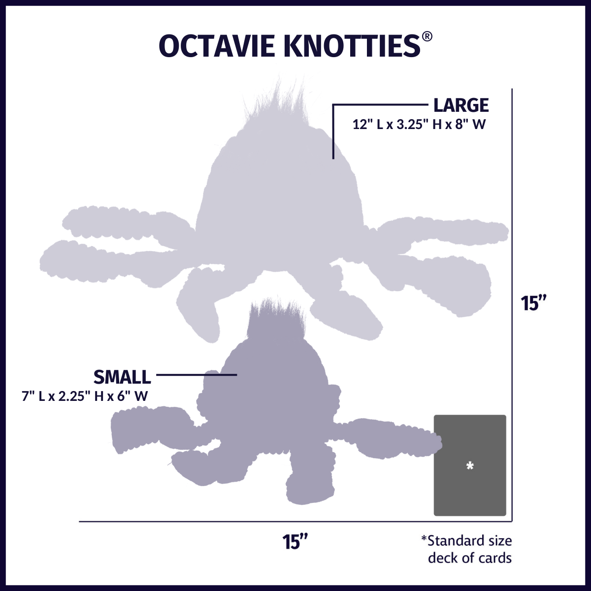 Octavie Knotties size chart: Large about 12 in long and 8 in wide, Small about 7 in long and 6 in wide