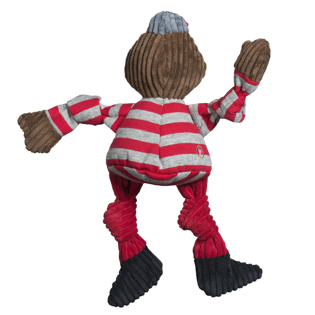 Back of the Brutus Knottie toy showing red and gray stripes and knotted red corduroy legs