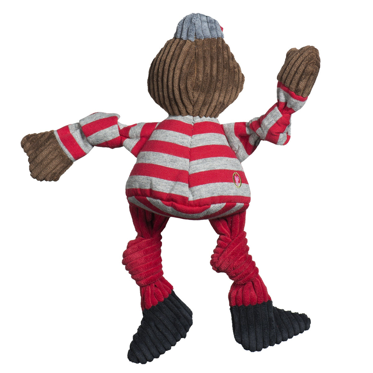 Back of the Brutus Knottie toy showing red and gray stripes and knotted red corduroy legs