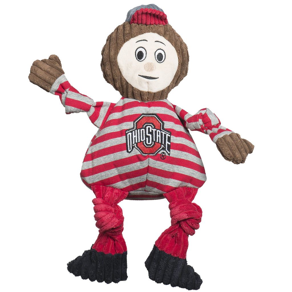 Brutus the Buckeye Knottie dog toy with brown corduroy hair and a red and gray striped sweater with the Ohio State logo