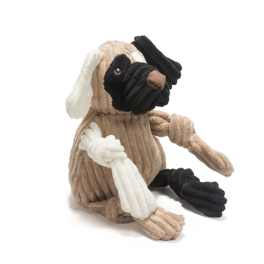 Side view of the Patches mutt toy with a knotted white arm and a knotted black leg