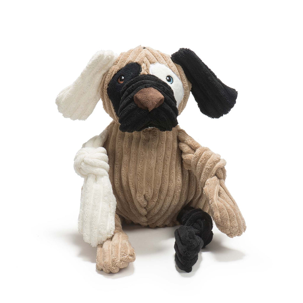 Patches HuggleMutt Knottie dog toy in tan corduroy with a black eye patch, one white ear and one black ear