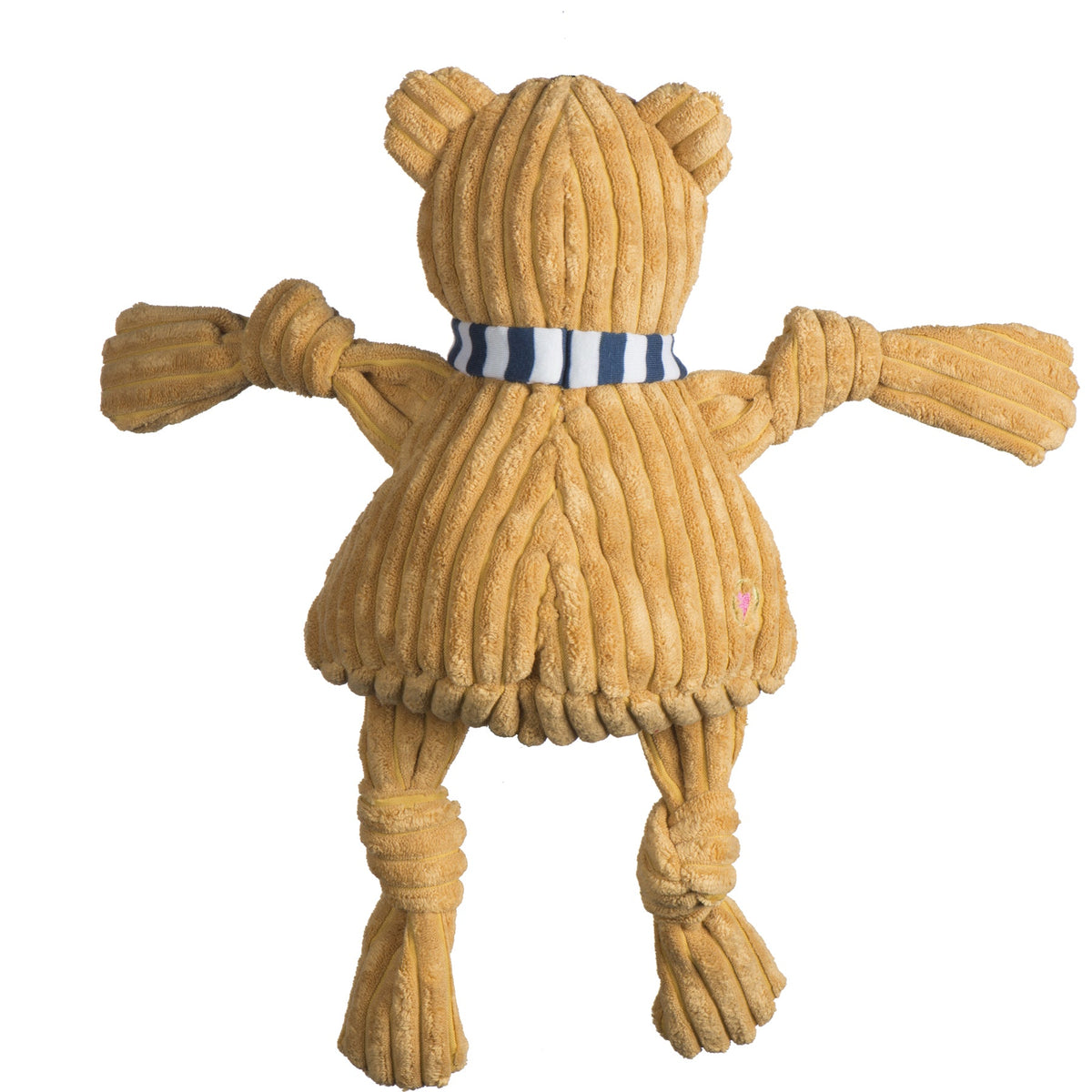 Back of the tan corduroy Nittany Lion Knottie with its striped scarf and knotted legs