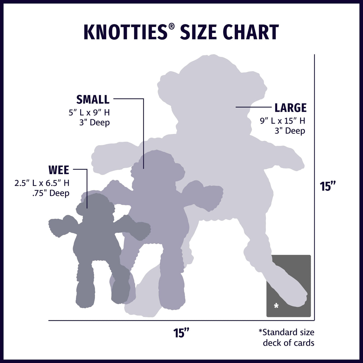 Knotties size chart: Wee, Small and Large, with the Large at 9 in long, 15 in high and 3 in deep