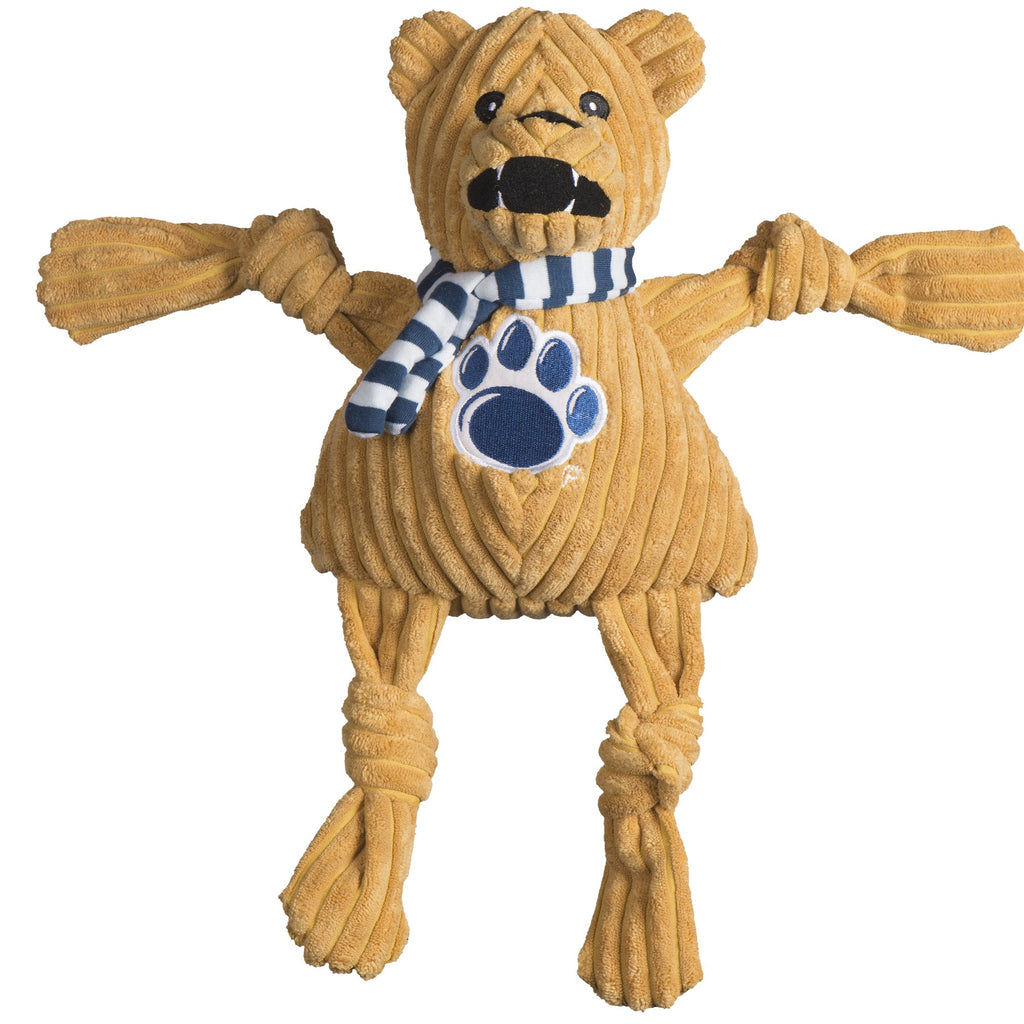 Nittany Lion Knottie dog toy in tan corduroy with a blue and white striped scarf and a blue paw logo