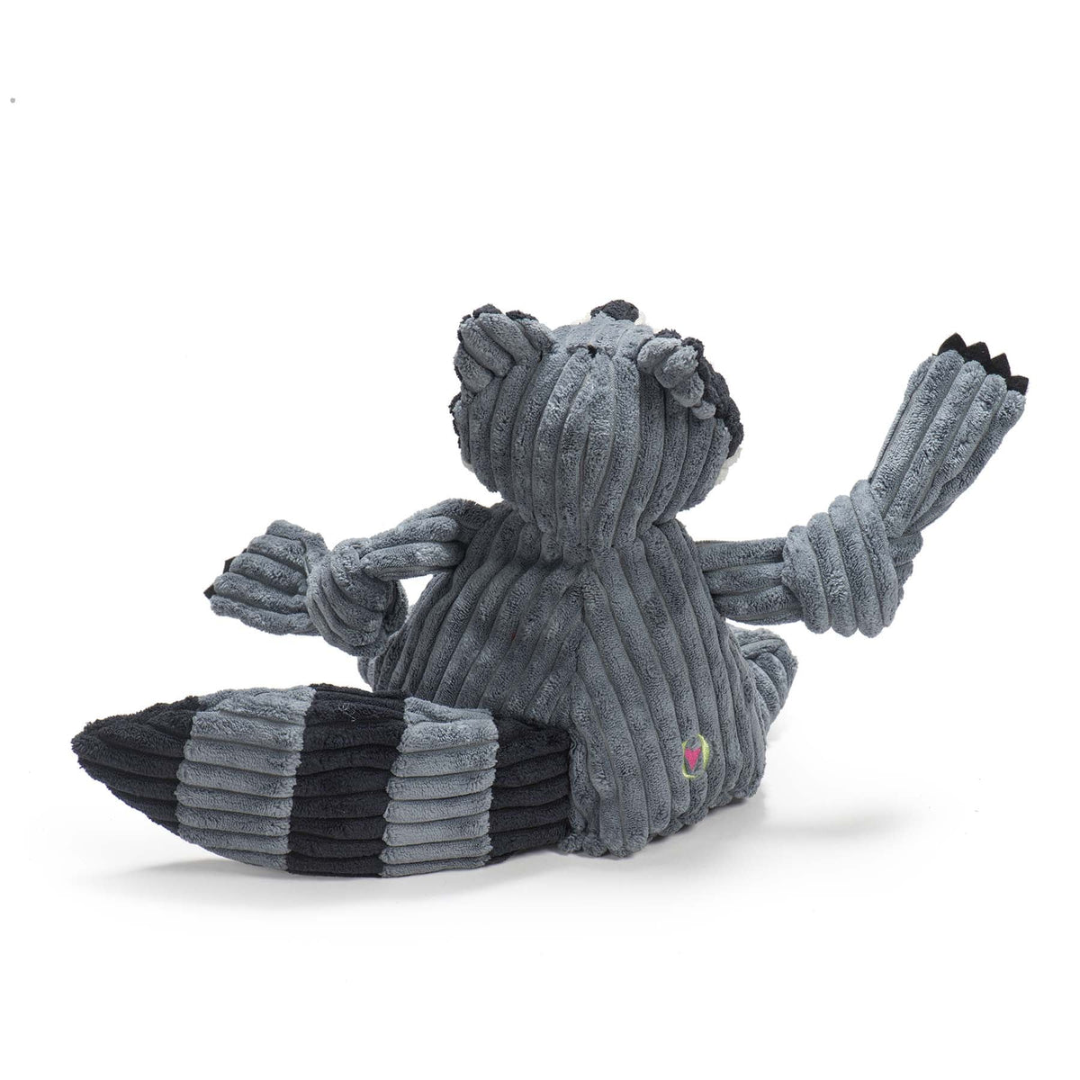 Back view of the raccoon plush dog toy showing its striped tail