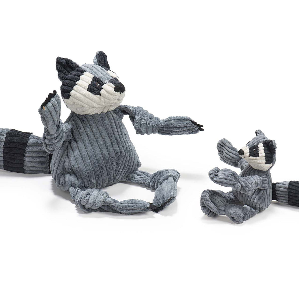 Gray corduroy raccoon plush dog toy with knotted limbs, shown in two sizes