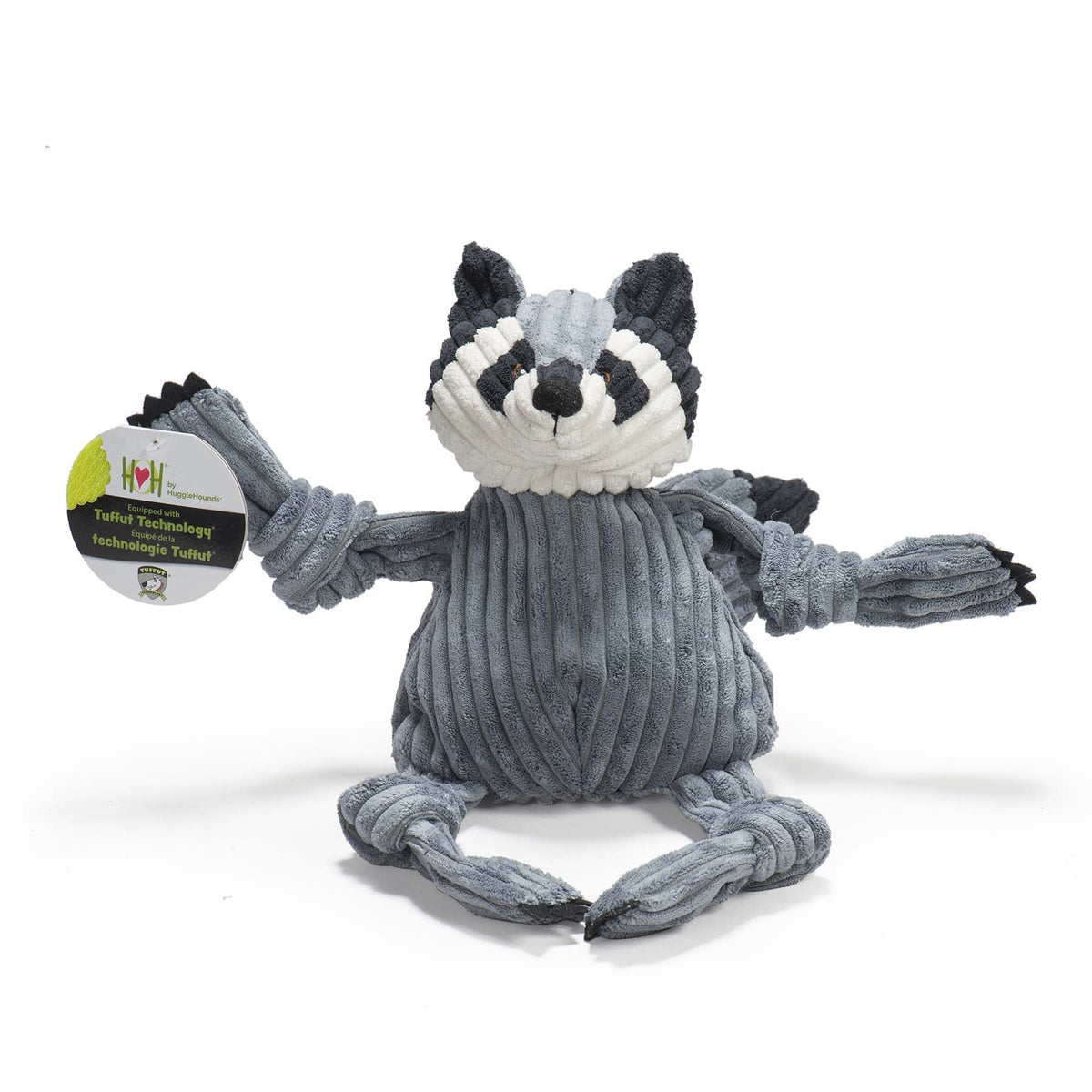 Gray corduroy raccoon plush dog toy with a striped tail and knotted arms and legs