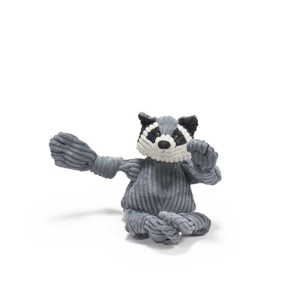 Small gray raccoon plush dog toy seen from the front