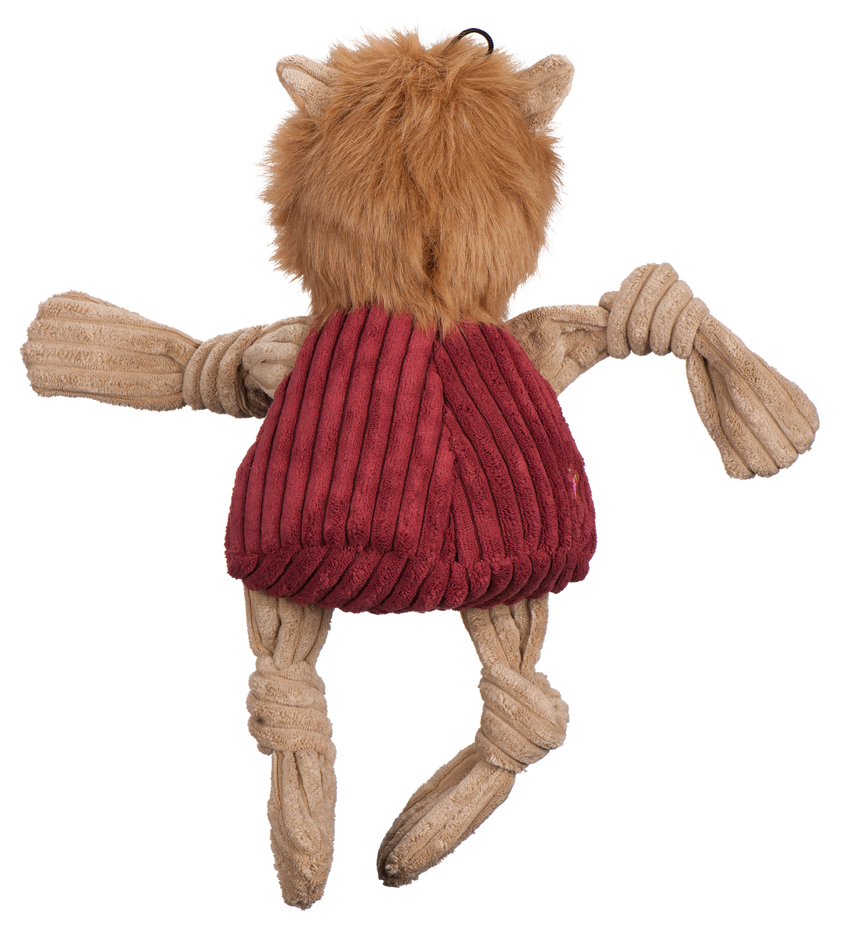 Back of the Reveille Knottie toy showing its shaggy mane and maroon sweater