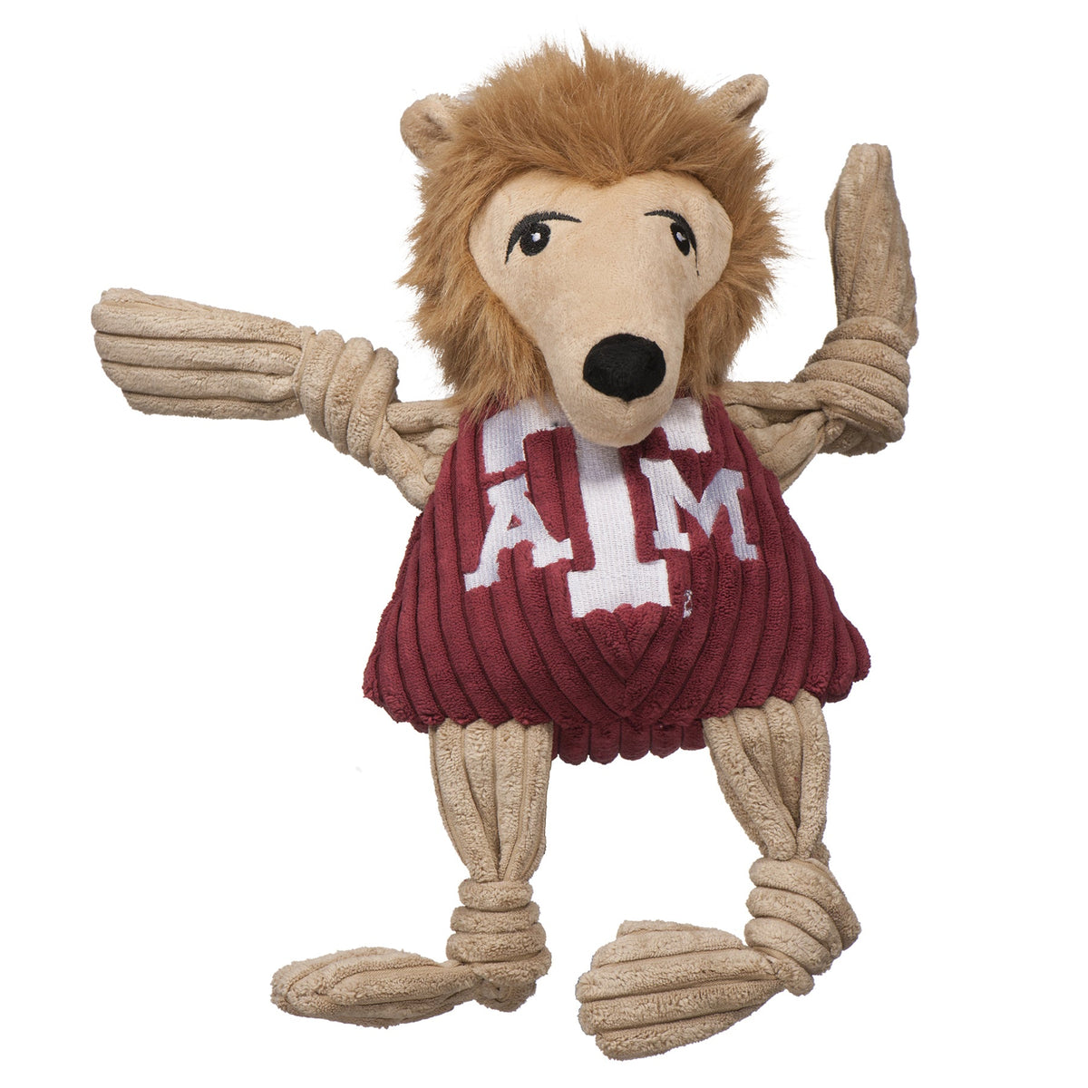 Reveille Knottie dog toy: a tan corduroy collie with a shaggy mane and a maroon sweater with the Texas A&M logo