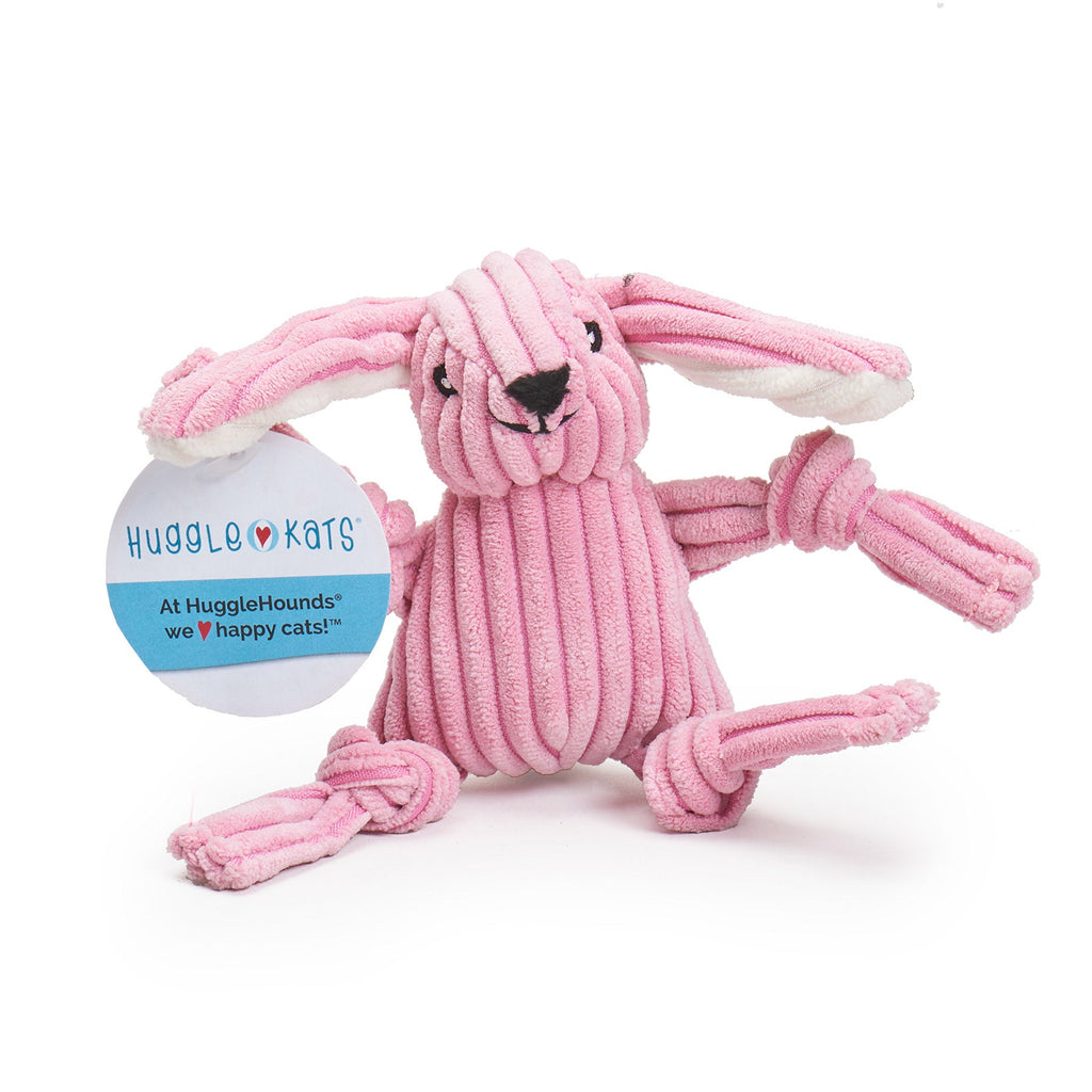Pink corduroy bunny cat toy with long ears and knotted arms and legs