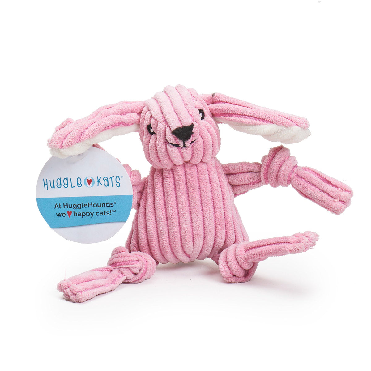 Pink corduroy bunny cat toy with long ears and knotted arms and legs