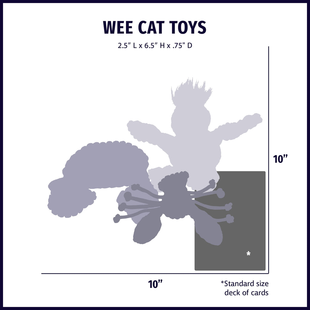 Size chart for the cat toys, about 6.5 inches tall, shown next to a deck of cards