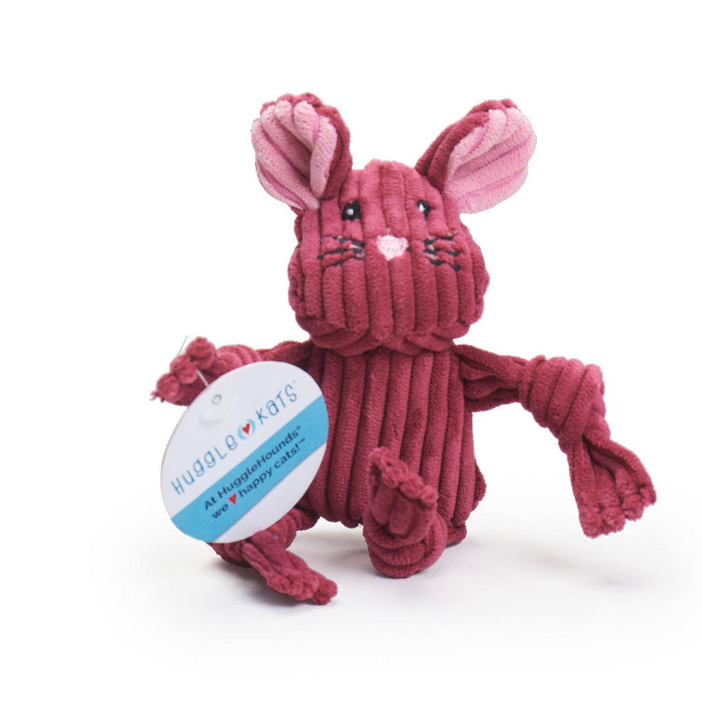 Dark pink corduroy mouse cat toy with round ears and knotted arms and legs