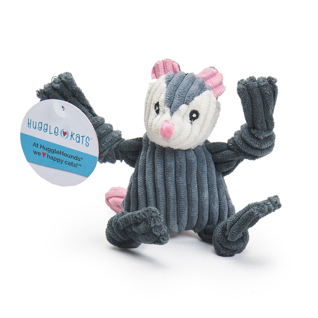 Gray and white corduroy opossum cat toy with pink ears and knotted limbs