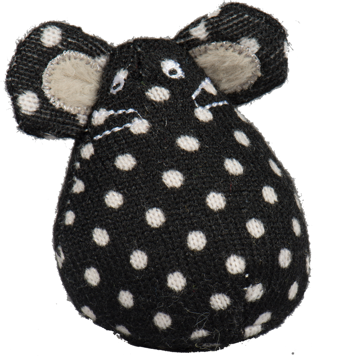 Black mouse cat toy with white polka dots and plush ears