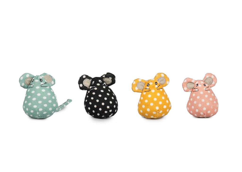 Four polka-dot mouse cat toys in a row: teal, black, yellow and pink